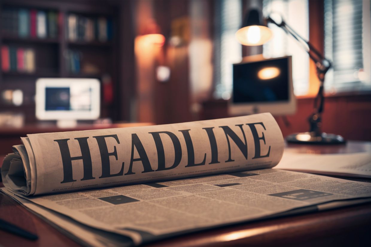 A newspaper with the word "HEADLINE" prominently displayed, resting on a polished desk in an office with books and a computer in the background.