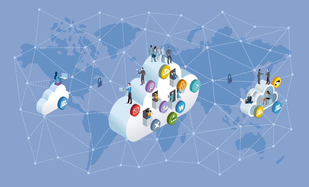 Illustration of a global network with people accessing various cloud services, depicting digital connectivity and collaboration.