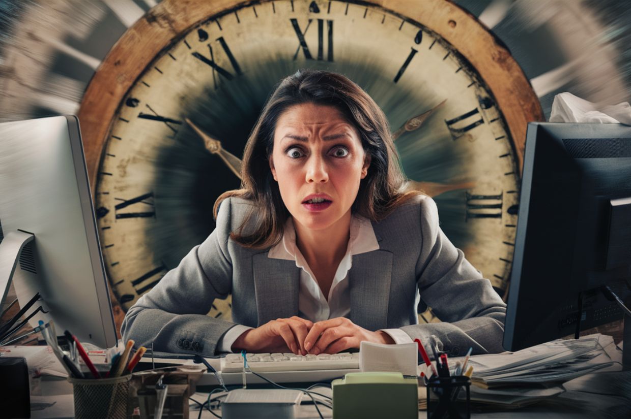 A person in a suit sits at a desk with two monitors, focused on work, with a large clock in the background symbolizing time management.