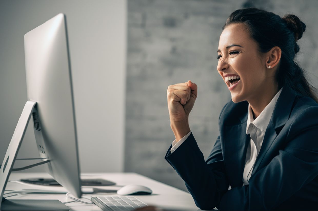 A businesswoman in a suit raises her fist in a moment of triumph while sitting at her desk, focused on a computer screen.