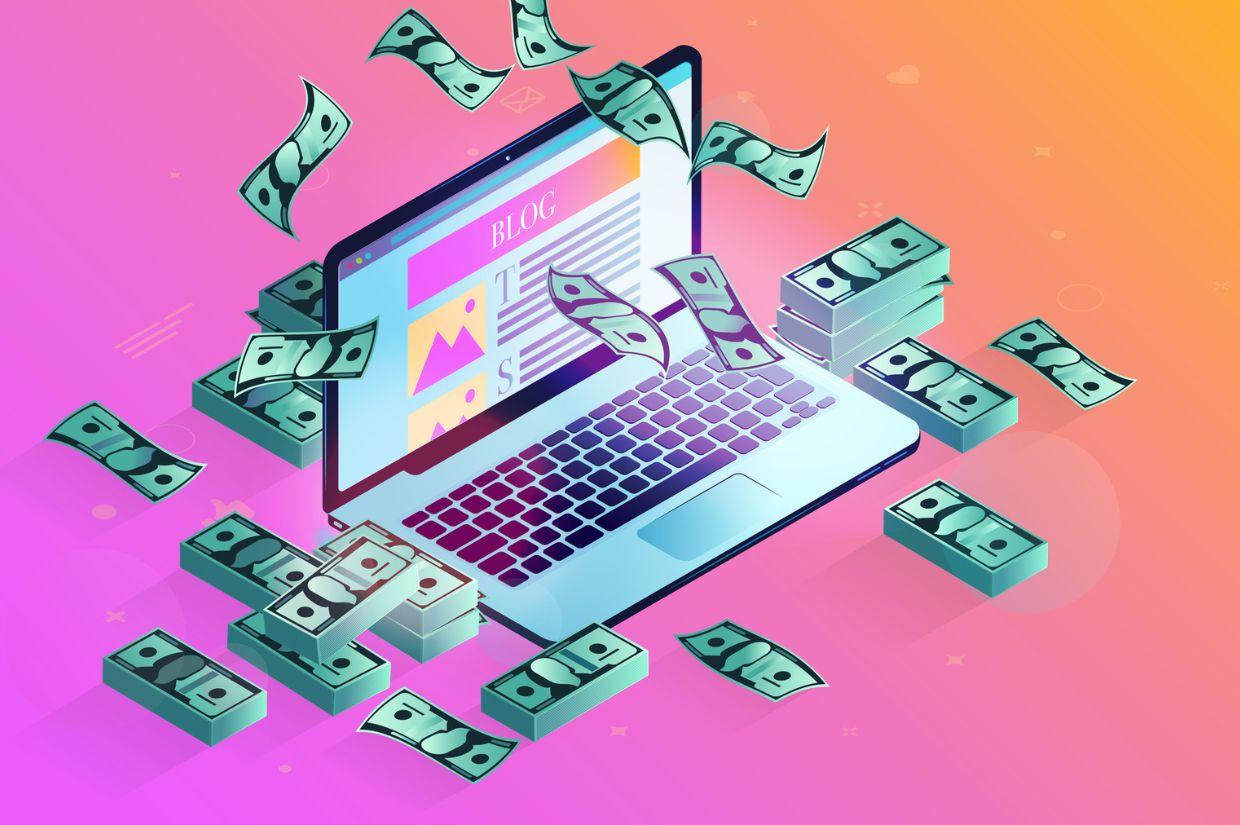 A laptop displaying financial data surrounded by flying dollar bills and stacks of cash, suggesting online money-making opportunities.