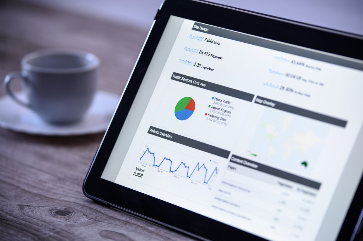 A tablet displays analytics data with graphs and charts, alongside a coffee cup on a wooden table.