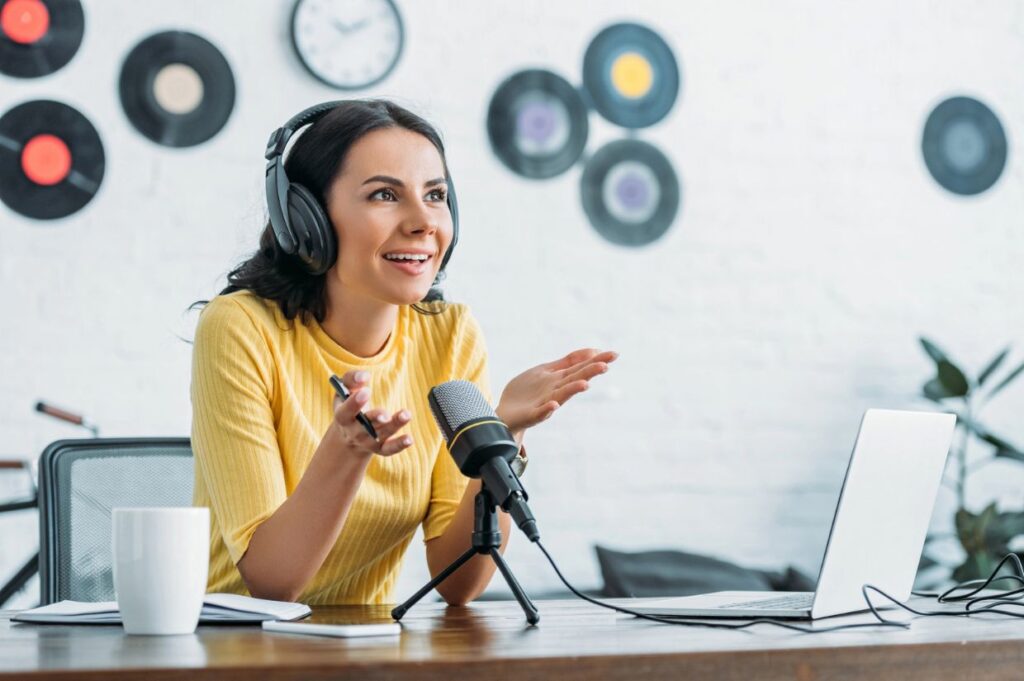 Recording podcast in broadcasting studio.