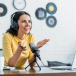 Recording podcast in broadcasting studio.