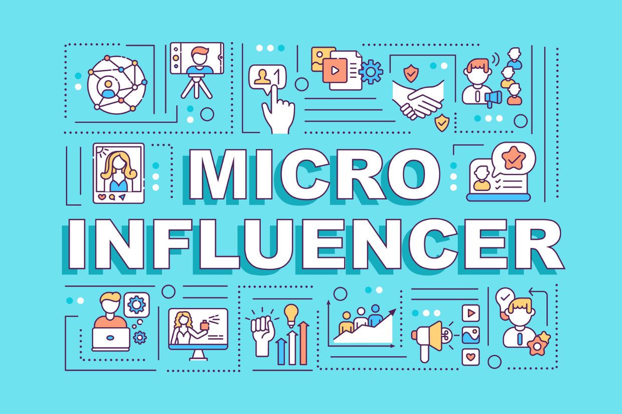 Colorful graphic featuring the text "Micro Influencer" surrounded by icons representing social media, engagement, and content creation.