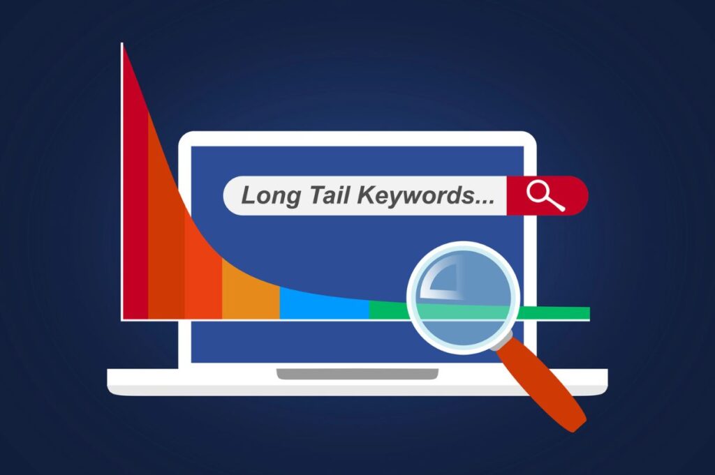 Illustration of a laptop screen showing a graph with a downward curve in red, orange, blue, and green, representing the concept of long-tail keywords.