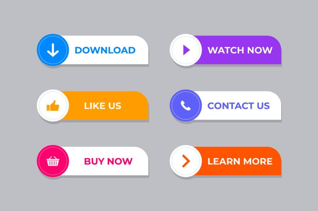 Illustration of call-to-action buttons with phrases like "Download," "Watch Now," and "Buy Now," highlighting how strategic formatting guides reader behavior in blog layouts.