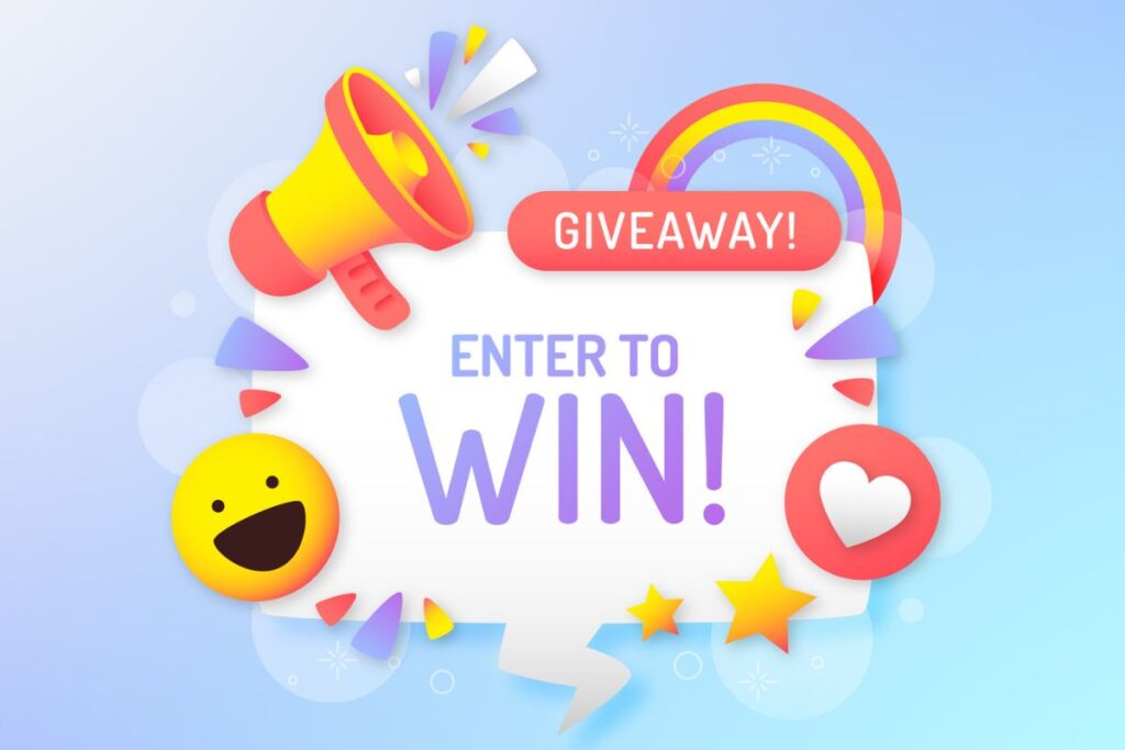 A colorful digital illustration featuring a giveaway announcement with a megaphone, smiling emoji, heart icon, and stars, encouraging participation. Represents interactive blog engagement through contests and reader interaction.