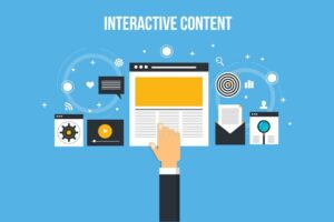 Illustration of interactive content with a hand clicking on a webpage, surrounded by icons representing videos, comments, emails, and analytics.