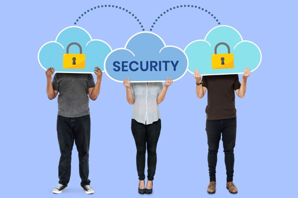 Three people holding large cloud-shaped signs with padlock symbols and the word 'SECURITY,' representing the importance of protecting privacy and online data beyond just personal stories.