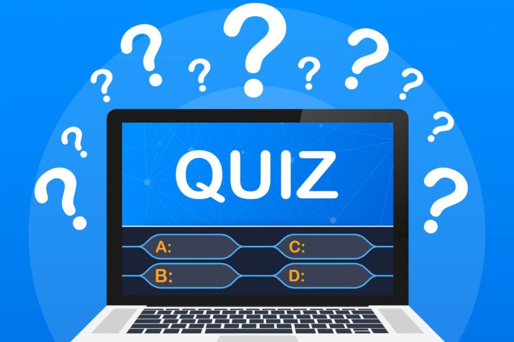 Illustration of a laptop screen displaying the word "QUIZ" with multiple-choice answer options, surrounded by question marks on a blue background.