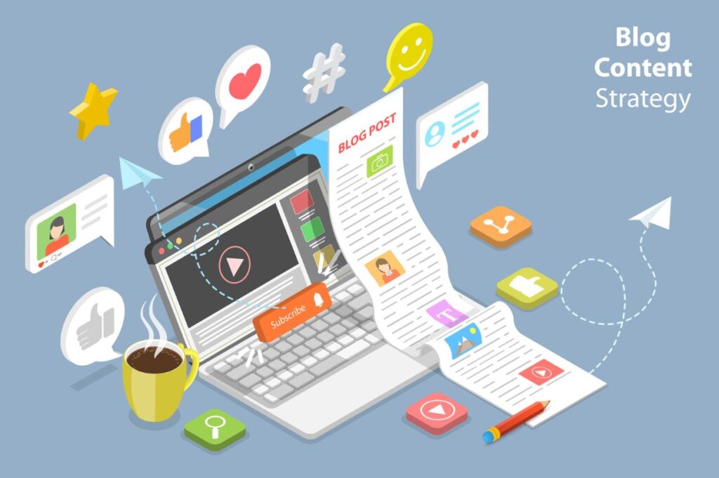 Illustration of a laptop with an overflowing blog post, surrounded by icons for likes, shares, and media, emphasizing the role of visuals in engaging and guiding readers through well-structured content.