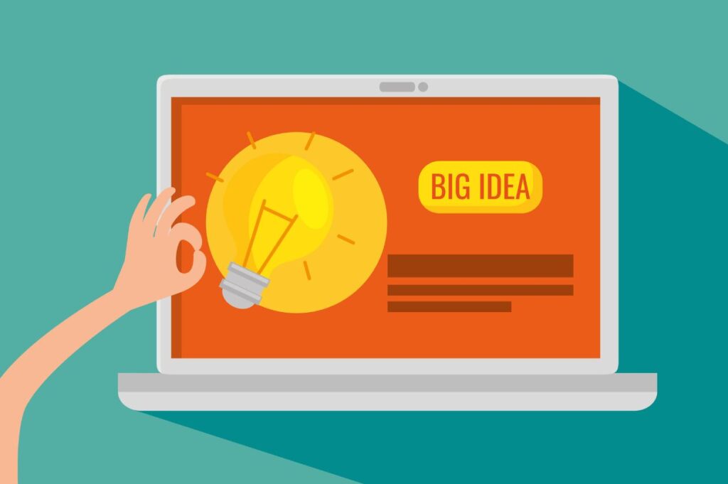 Illustration of a laptop screen displaying a glowing light bulb and the words 'Big Idea,' symbolizing creative storytelling. A hand makes an 'OK' gesture, representing safe and thoughtful sharing of personal stories online.