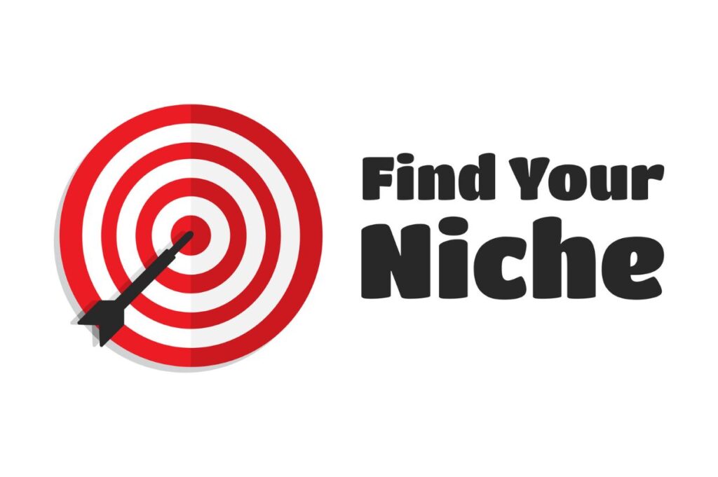 A red and white target with an arrow hitting the bullseye next to the words 'Find Your Niche,' symbolizing the focus and precision needed for success in niche blogging.