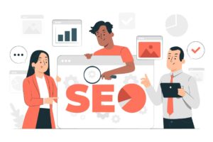 Illustration of three people collaborating on SEO (Search Engine Optimization).