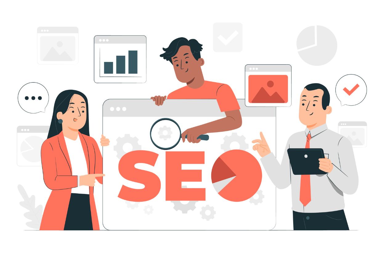 Illustration of three people collaborating on SEO (Search Engine Optimization).