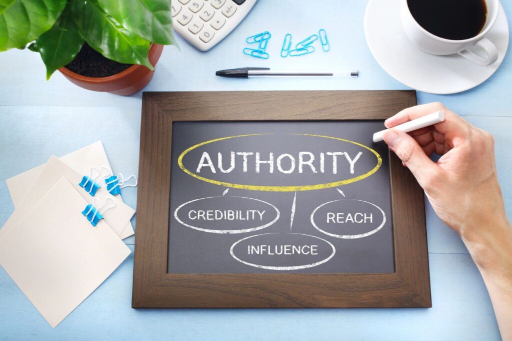 A framed chalkboard with the word "AUTHORITY" highlighted in yellow, connected to "Credibility," "Reach," and "Influence," representing key aspects of establishing authority in a niche.